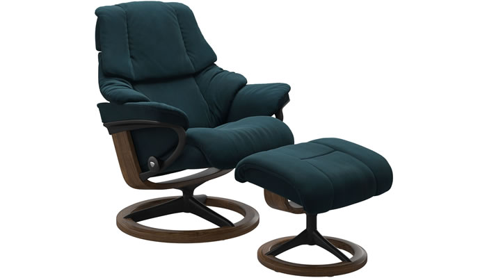 Stressless Reno with Signature Base and Stool in Begonia Petrol Fabric
